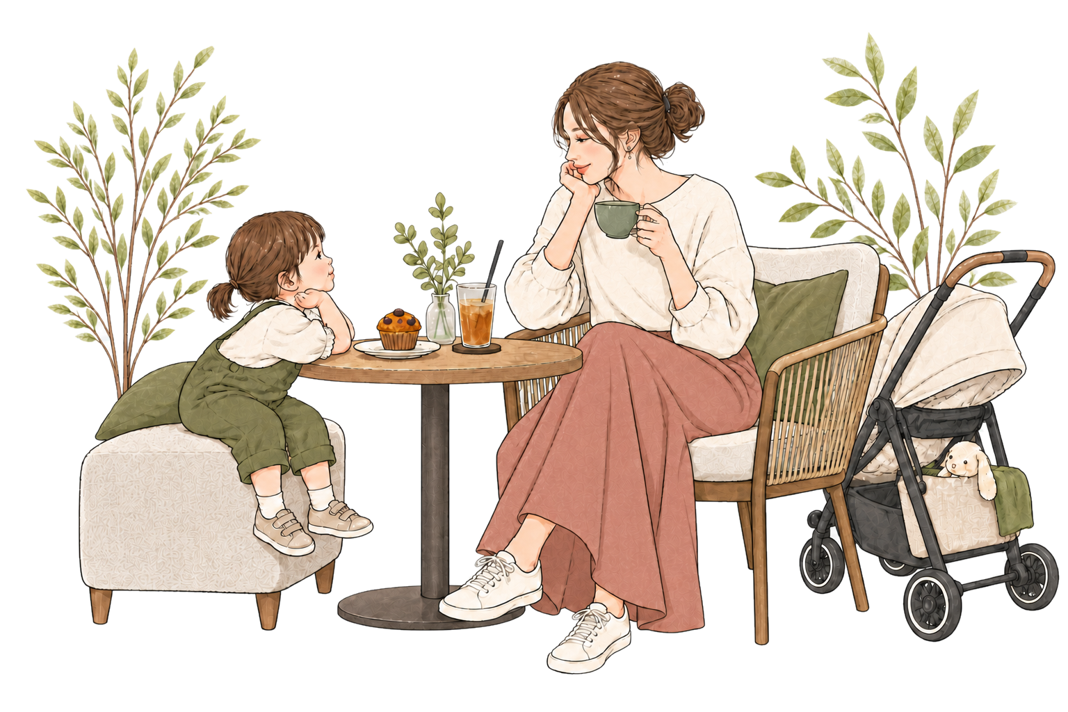 カフェで子どもと一緒に落ち着いて過ごす親子のイラスト